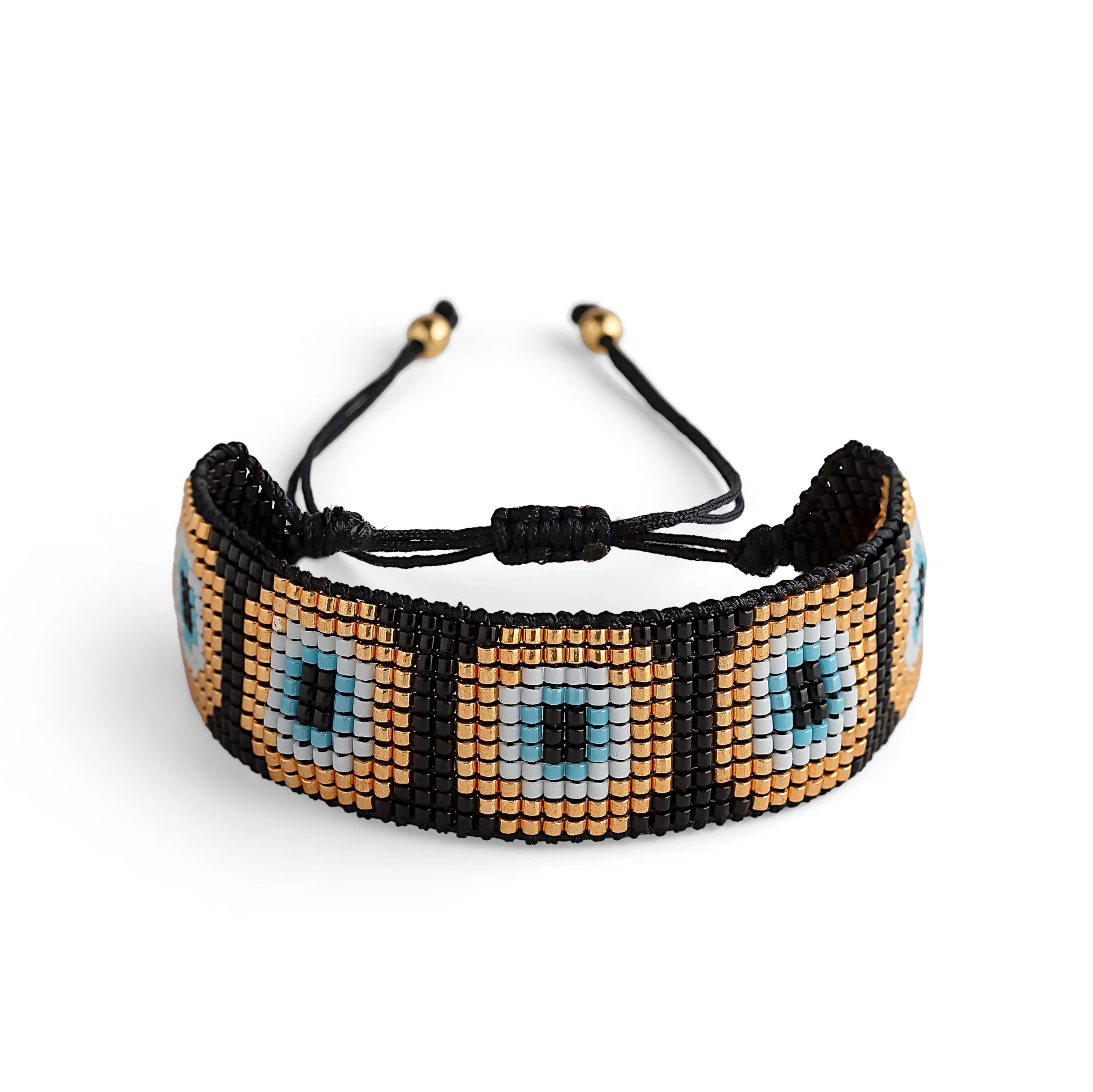 Black, Gold, White and Blue Evil Eye Japanese Miyuki Beaded  Bracelet