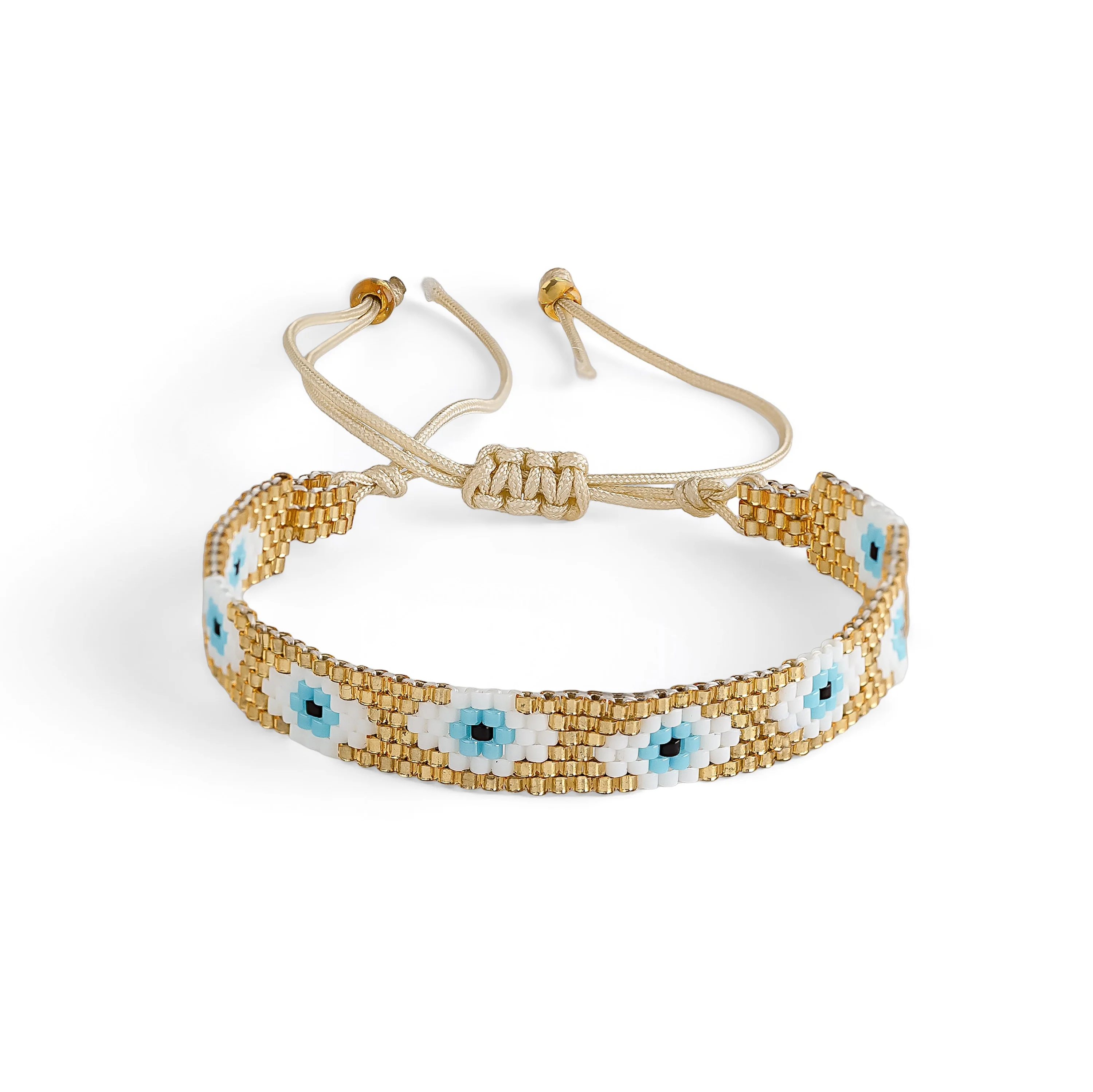 Gold, White and Blue Evil Eye Japanese Miyuki Beaded  Bracelet